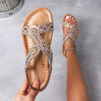 Sandálias rasas de mulher com strass, estilo boho com elástico, sapatos de praia casuais de verão com dedo aberto
