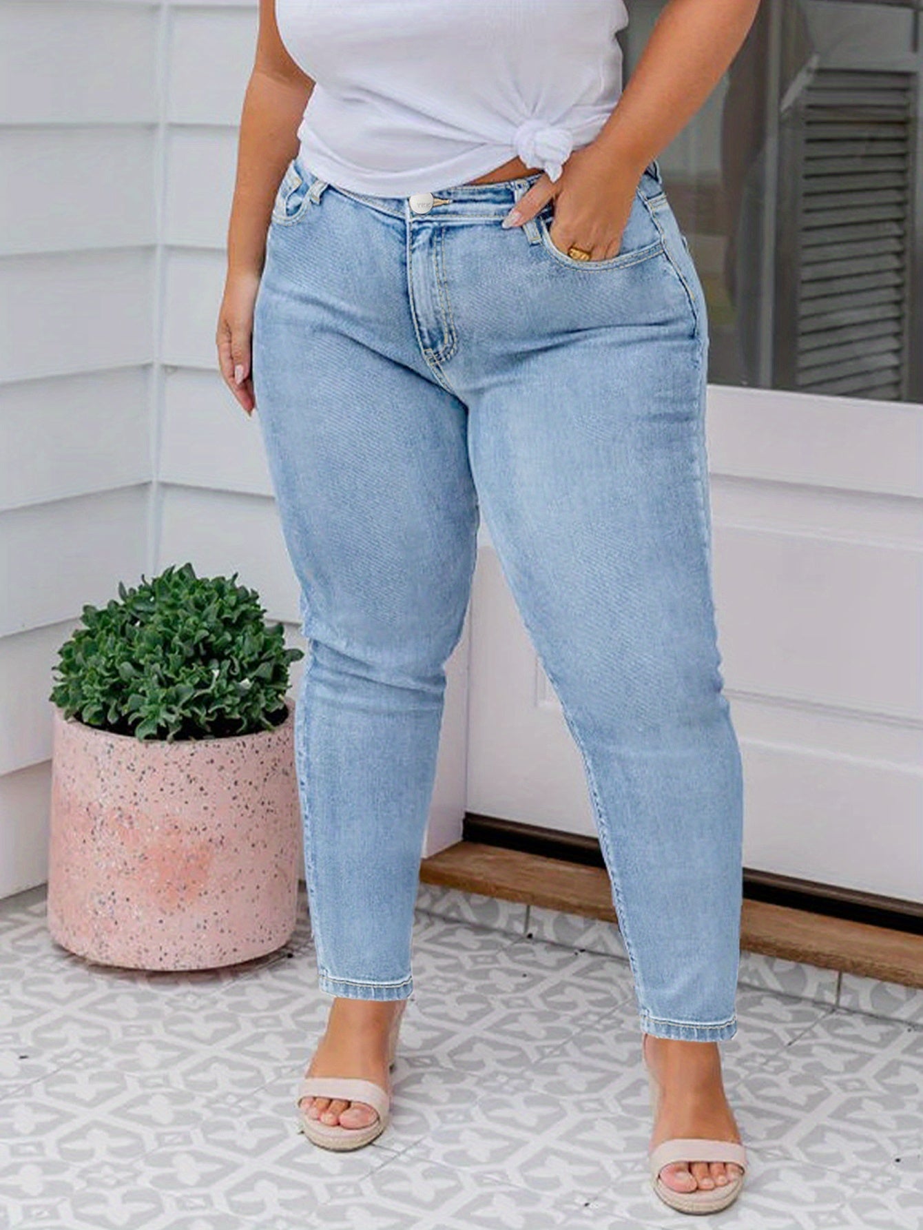 Calças de ganga justas de cintura alta para mulheres de tamanho grande - Calças elásticas não transparentes com fecho de correr, ganga elástica para mulheres curvas, calças de ganga justas para todas as estações, roupas de todos os dias e formais, calças de ganga para senhoras, moda confortável, tecido durável, roupa casual, ajuste slim, material respirável, calças elegantes, amantes da moda