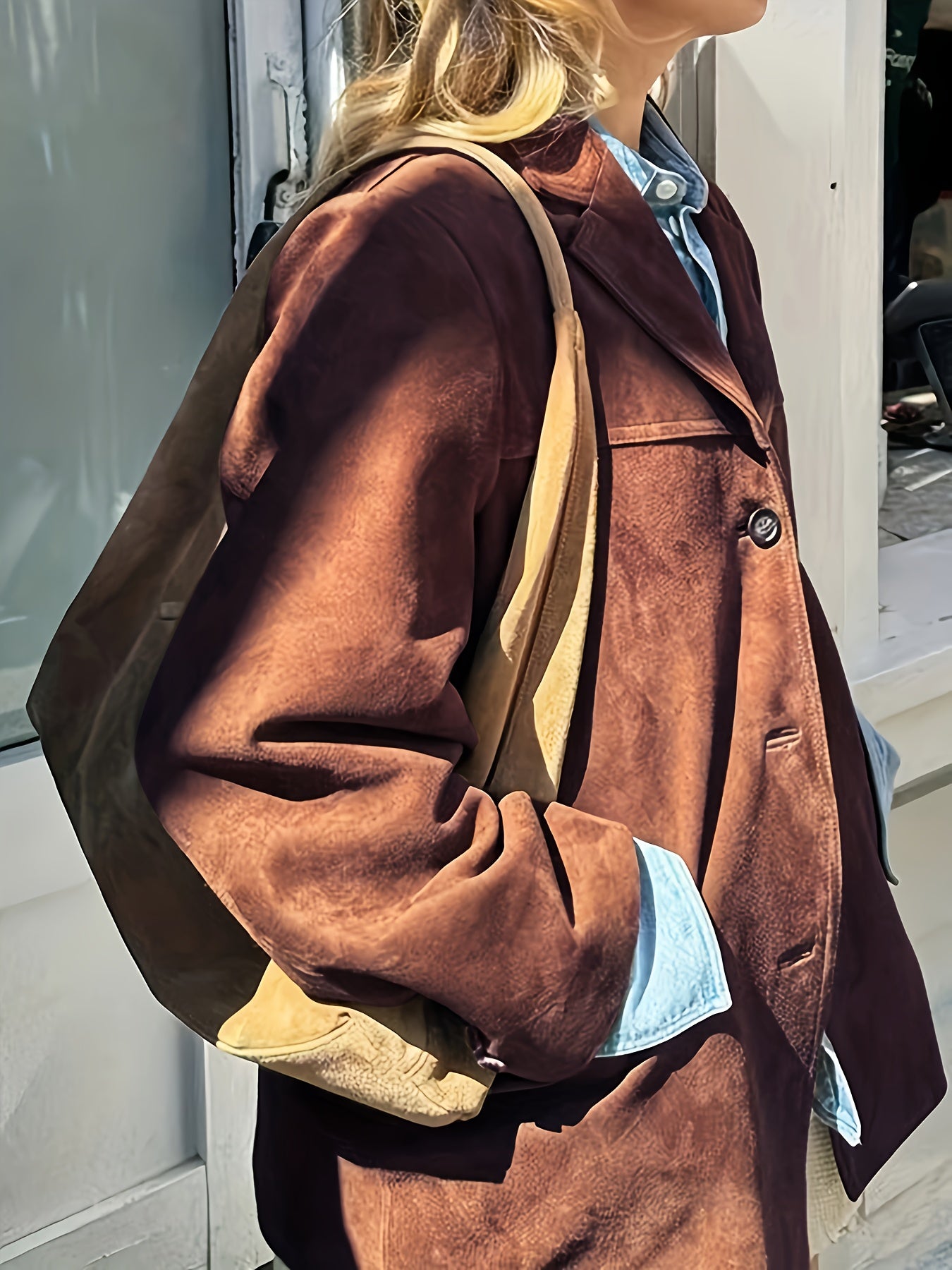 Conjunto Novo Retrô Solto com Lapela e Bolso em Cor Sólida para Mulheres Outono-Inverno