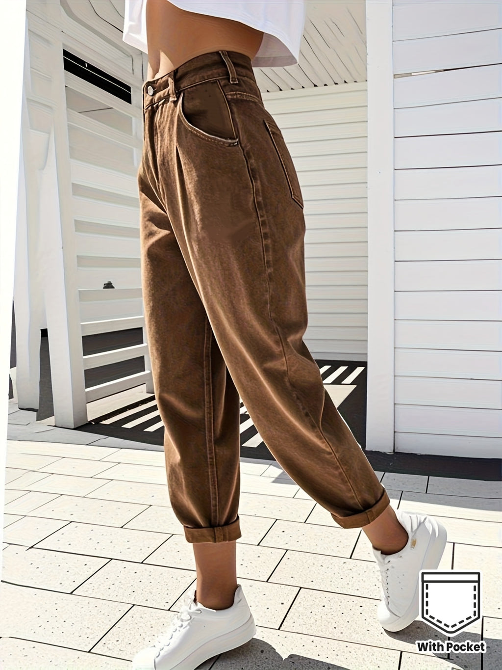 Calças Jeans Femininas de Cintura Alta e Perna Larga - 7/8 Comprimento Tapered no Tornozelo, Cintura com Passantes e Bolsos, Calças Marrons para Todas as Estações, do Casual ao Formal, para Trabalho, Viagem e Looks Diários (Lavável na Máquina) - Denim com Controle de Barriga