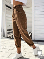 Calças Jeans Femininas de Cintura Alta e Perna Larga - 7/8 Comprimento Tapered no Tornozelo, Cintura com Passantes e Bolsos, Calças Marrons para Todas as Estações, do Casual ao Formal, para Trabalho, Viagem e Looks Diários (Lavável na Máquina) - Denim com Controle de Barriga