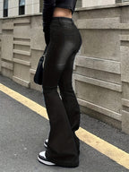 Calças de ganga de cintura alta e elásticas para mulheres - Corte justo com cintura média e bainha de sino com bolsos inclinados, em denim azul lavado e com fecho integrado, para uso casual em todas as estações, calças de ganga de cintura alta, moda confortável, tecido durável, calças versáteis, estilo vintage, costura de qualidade, calças elegantes, moda feminina