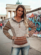 Moletom Feminino Estilo Bohemian Ocidental com Capuz - Blusa Casual de Botões Retro, Cinza e Azul para Todas as Estações, Lavável na Máquina, Conforto Diário, Tecido Texturizado, Chic Rústico