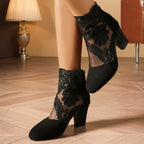 Botas Femininas de Tornozelo: Preto com renda bordada - salto bloco em malha, estilo Gótico e Bohemian. Presente ideal para mulheres, perfeitas para vestidos elegantes, festas, casamentos e viagens
