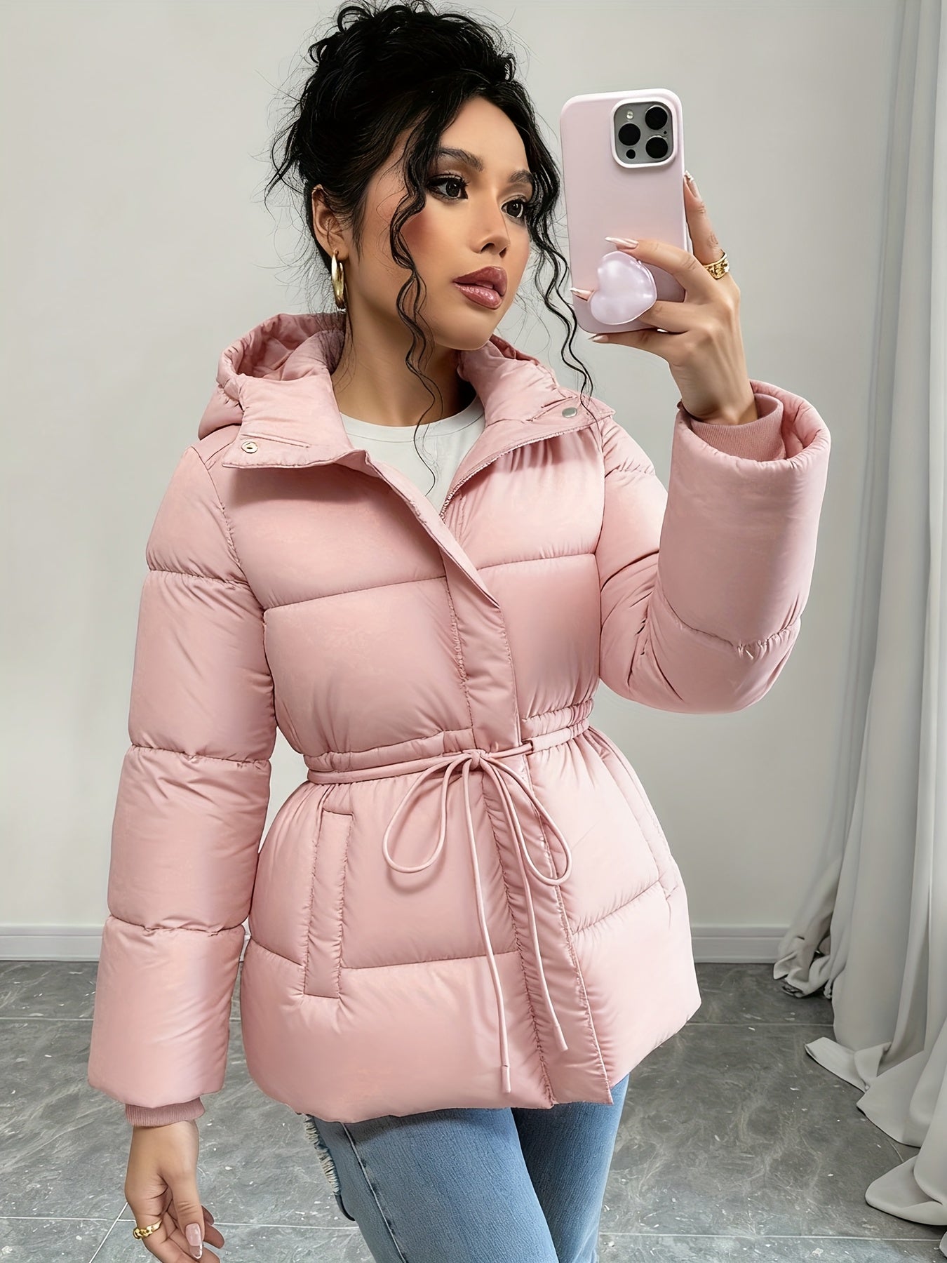 Casaco de Inverno Preto Elegante para Mulher - Silhueta H-Line de Manga Comprida com Fecho de Zíper Frontal, Tecido Sem Elasticidade de Corte Solto para Clima Frio