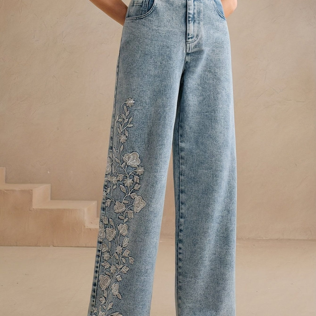 Floral Embroidered Wide-Leg Jeans - Everyday Charm