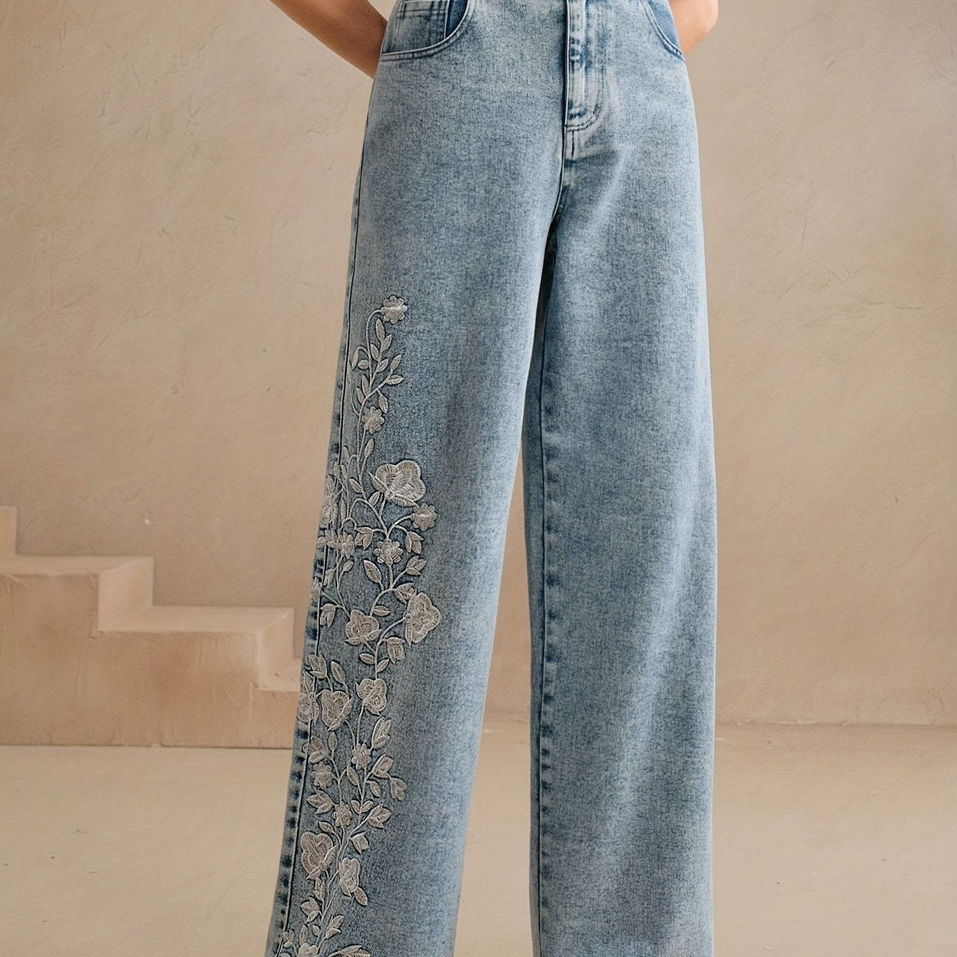 Floral Embroidered Wide-Leg Jeans - Everyday Charm