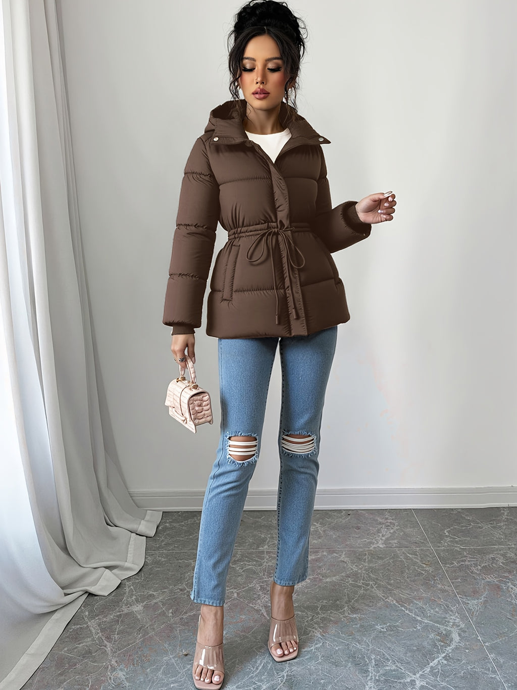 Casaco de Inverno Preto Elegante para Mulher - Silhueta H-Line de Manga Comprida com Fecho de Zíper Frontal, Tecido Sem Elasticidade de Corte Solto para Clima Frio