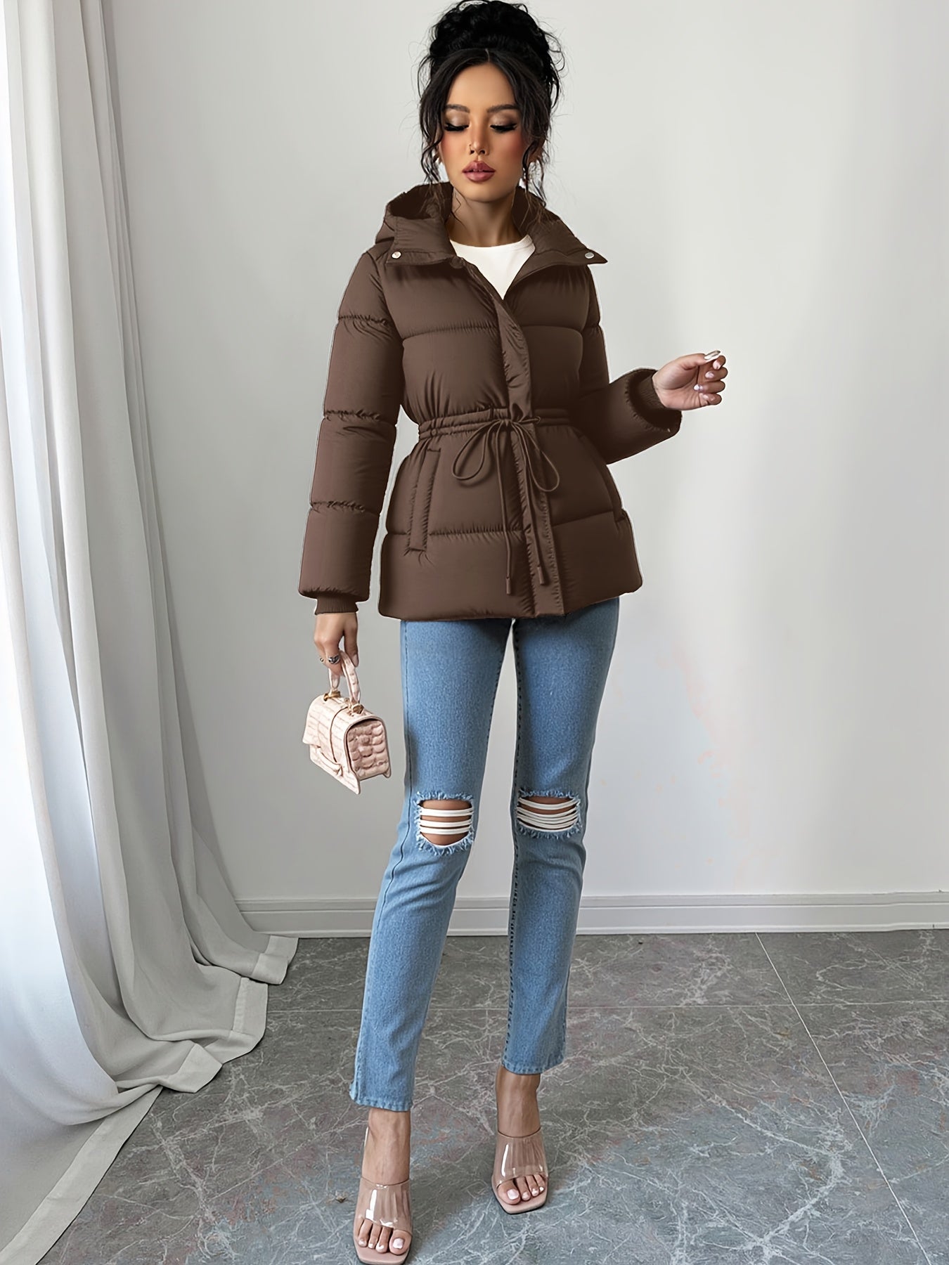 Casaco de Inverno Preto Elegante para Mulher - Silhueta H-Line de Manga Comprida com Fecho de Zíper Frontal, Tecido Sem Elasticidade de Corte Solto para Clima Frio