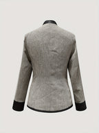 Casaco Casual Elegante Vintage Feminino PU Patchwork Estiloso Gola Alta Abotoadura Simples