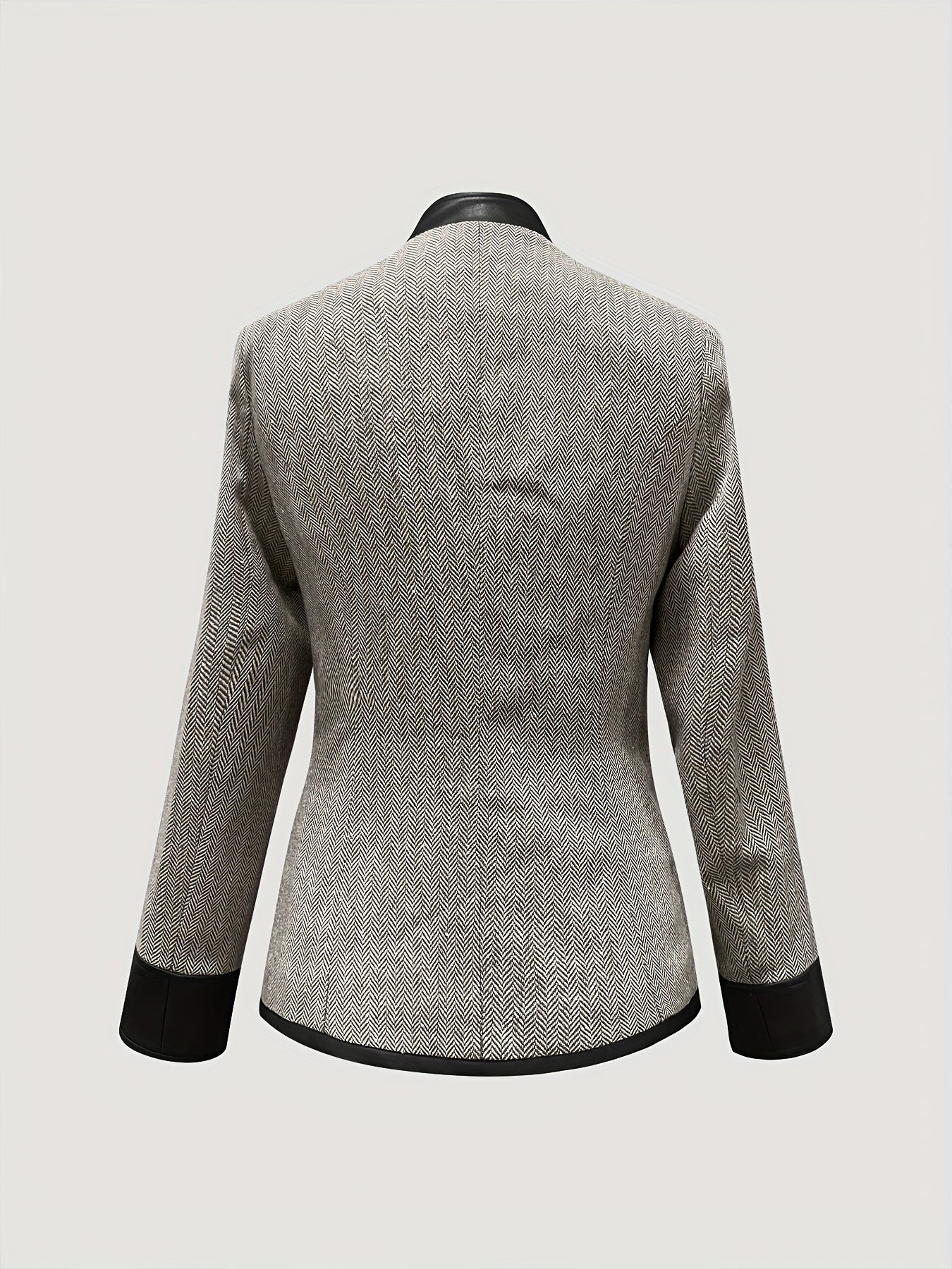 Casaco Casual Elegante Vintage Feminino PU Patchwork Estiloso Gola Alta Abotoadura Simples