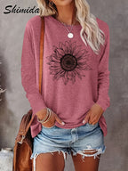SHIMIDA Camiseta de Manga Longa com Estampa Elegante de Girassol - Blusa de Girassol e Folhas, Gola Redonda para Todas as Estações, Lavável na Máquina, Uso Casual e Sofisticado, Camisa Não Floral para Looks o Ano Todo (Compatível com prova virtual)