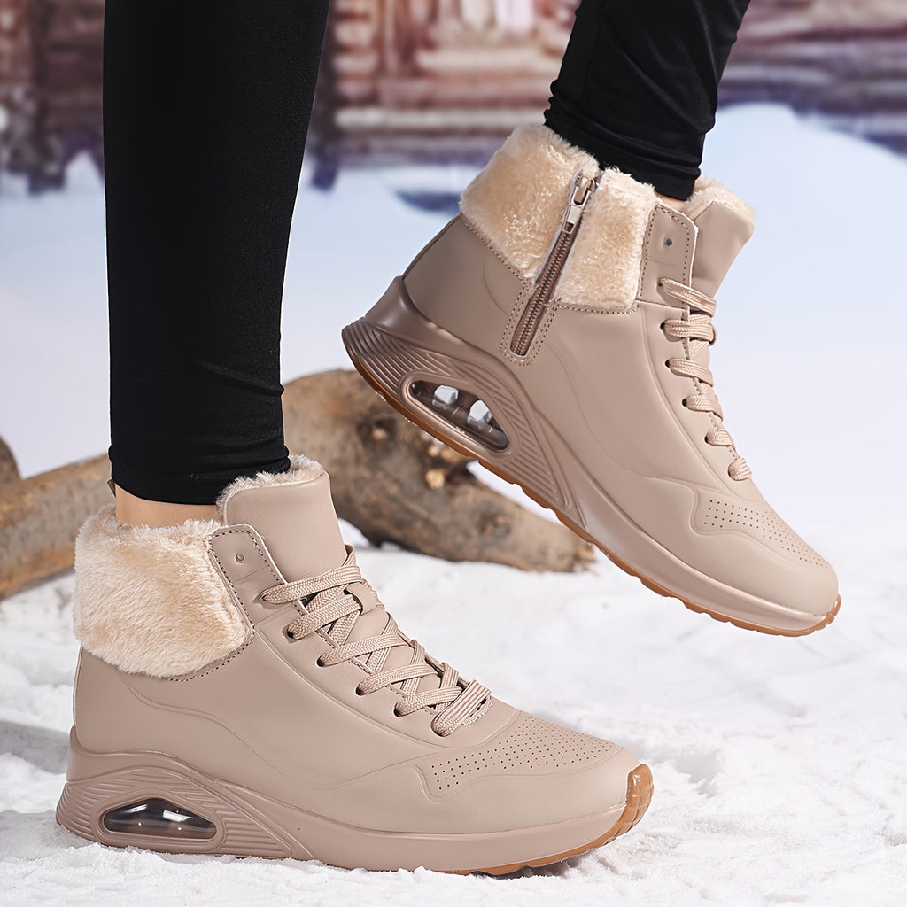 Botas de inverno para mulheres com cano médio, forro de lã espessa e parte superior de PU respirável - Botas de neve com biqueira redonda para clima frio, looks casuais e desportivos, botas de inverno, calçado para exterior, calçado moderno, construção durável
