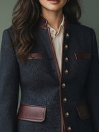 Casaco Casual Elegante Vintage Feminino PU Patchwork Estiloso Gola Alta Abotoadura Simples