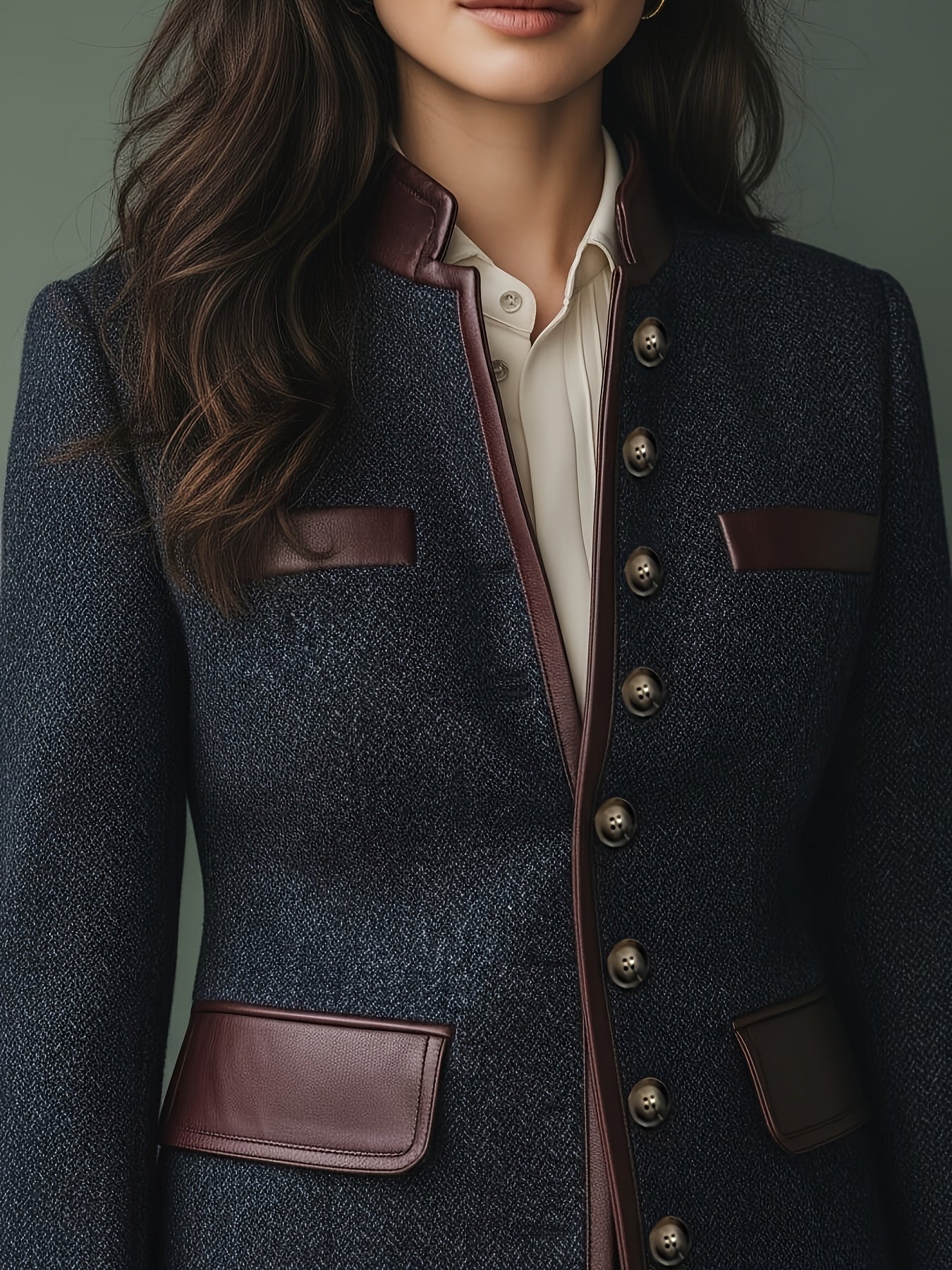 Casaco Casual Elegante Vintage Feminino PU Patchwork Estiloso Gola Alta Abotoadura Simples