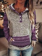 Moletom Feminino Estilo Bohemian Ocidental com Capuz - Blusa Casual de Botões Retro, Cinza e Azul para Todas as Estações, Lavável na Máquina, Conforto Diário, Tecido Texturizado, Chic Rústico