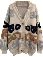 Cardigan de botão com padrão de letras, cardigan casual de manga longa para outono e inverno, roupas femininas