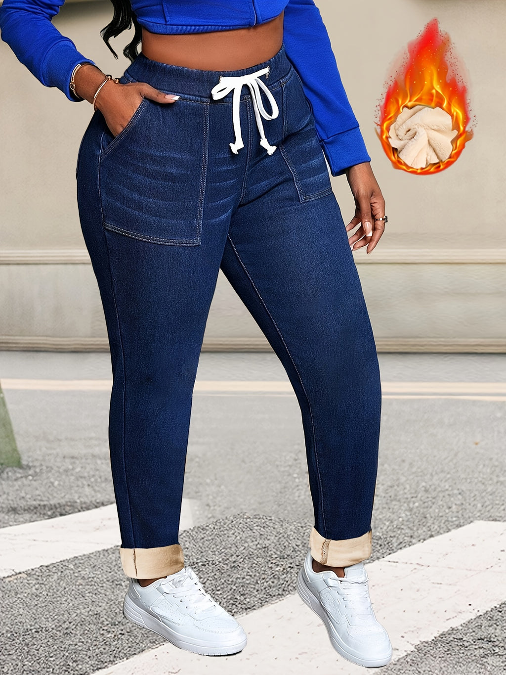 Jeans Skinny Azuis de Corte Plus Size com Cordão | Detalhe Elegante de Inverno em Cor Sólida e Alta Elasticidade