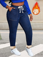 Jeans Skinny Azuis de Corte Plus Size com Cordão | Detalhe Elegante de Inverno em Cor Sólida e Alta Elasticidade