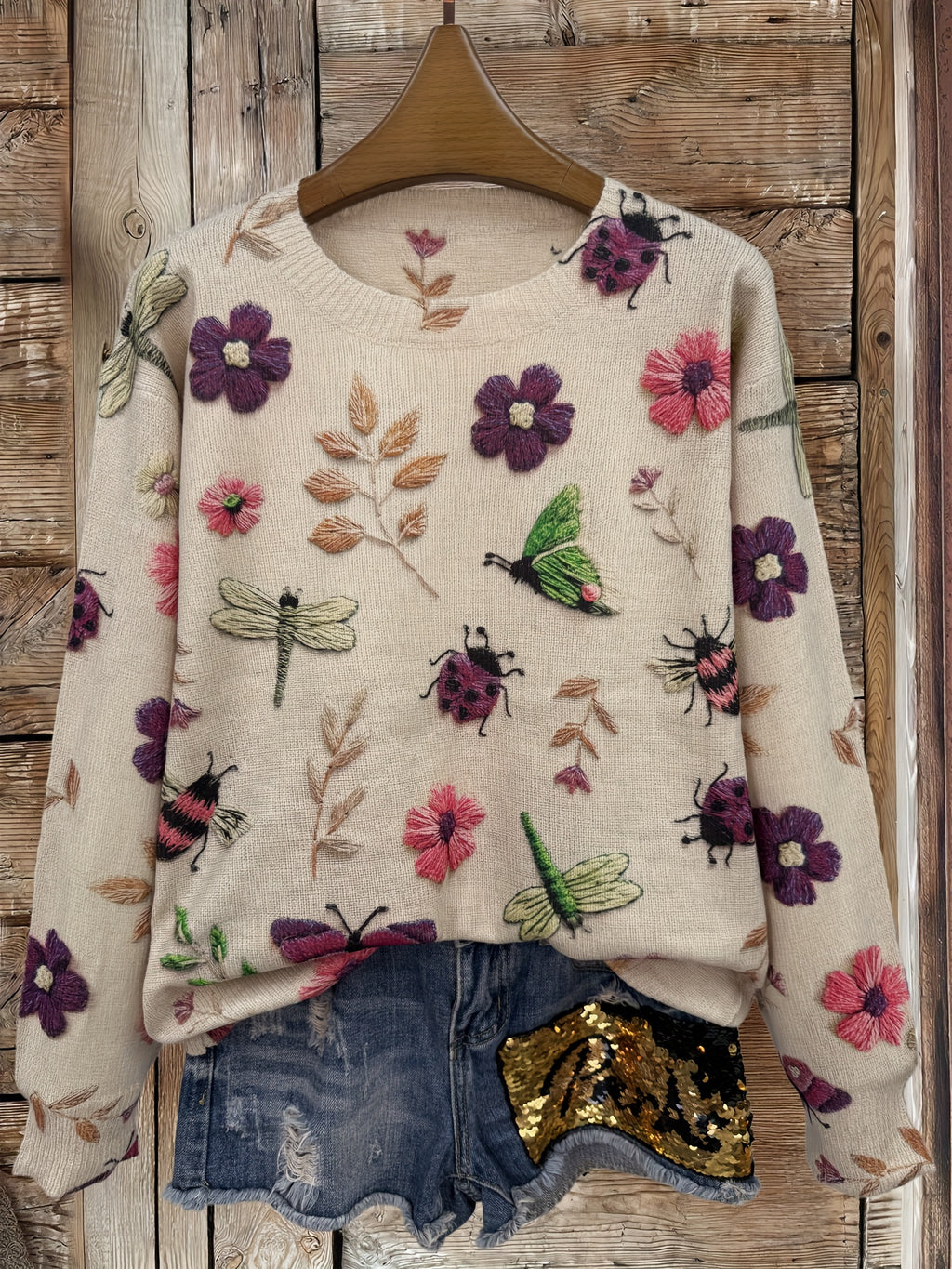 (Impressão Digital 2D) [Estampa Total] [Leve] [Suéter] Suéter de Malha Leve com Estampa Completa de Insetos, Gola Redonda Casual e Manga Longa, Moda Feminina