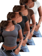 4 peças de camisetas de manga curta para mulheres - Tops curtos de cor sólida com decote em U, Tops de verão casuais elásticos em branco, preto, marrom e cinza, Versáteis para atuário casual, Blusas de top curto