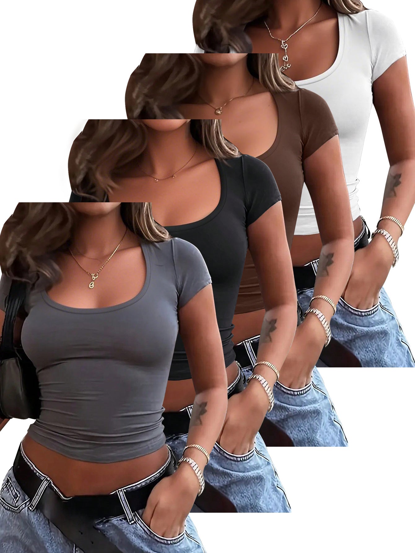 4 peças de camisetas de manga curta para mulheres - Tops curtos de cor sólida com decote em U, Tops de verão casuais elásticos em branco, preto, marrom e cinza, Versáteis para atuário casual, Blusas de top curto