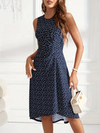 Vestido Elegante Feminino Sem Mangas com Estampado de Corações - Azul Marinho com Bolinhas, Bainha Évasée e Cintura com Folhos, Lavável na Máquina, Roupa Versátil para Todas as Estações, Casuais ou Formais, Vestidos Bonitos