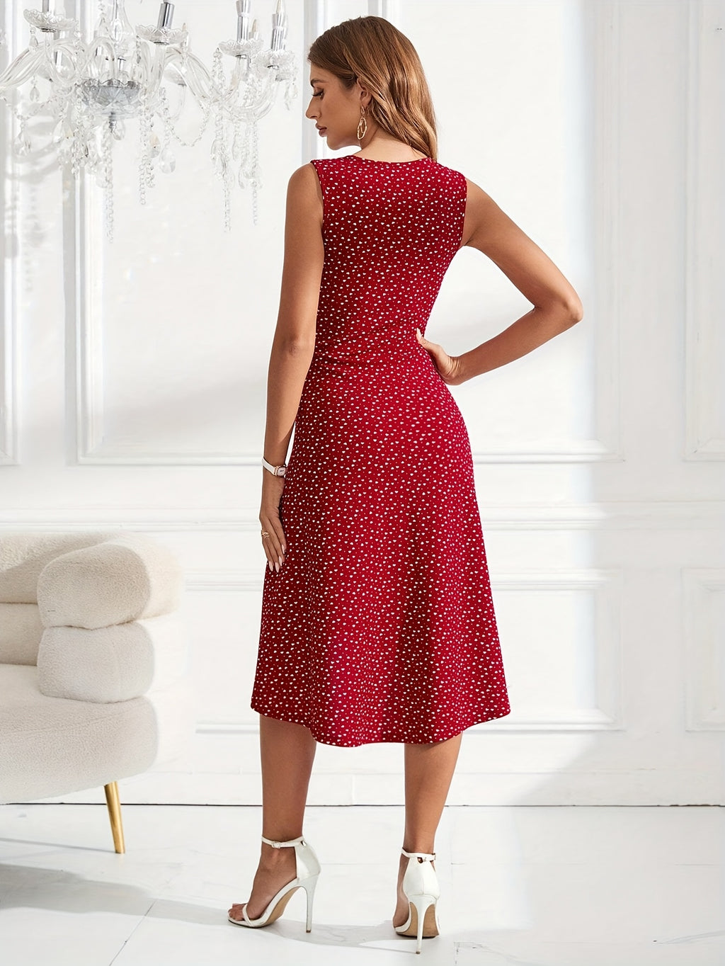 Vestido Elegante Feminino Sem Mangas com Estampado de Corações - Azul Marinho com Bolinhas, Bainha Évasée e Cintura com Folhos, Lavável na Máquina, Roupa Versátil para Todas as Estações, Casuais ou Formais, Vestidos Bonitos