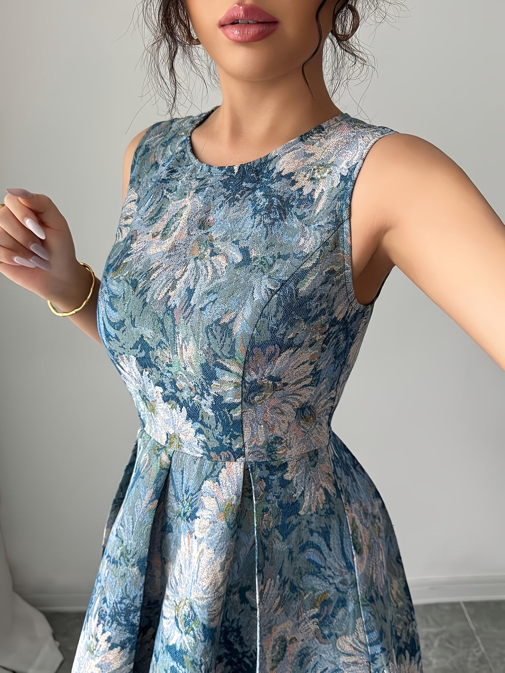 Vestido Maxi Elegante Feminino com Estampado Floral, Corte em A, Manga Balão e Detalhe na Cintura - Vestido Formal/De Festa/Para o Dia a Dia de Gola Redonda e Comprido em /, Roupa Lavável à Máquina para Primavera/Outono, Vestidos Bonitos