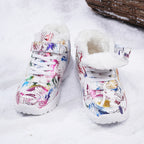 Botas de neve de inverno de pelúcia para mulheres - Salto médio acolchoado e grosso, bico redondo e fecho, padrão floral vibrante, forro de lã quente, perfeitas para ocasiões casuais e formais, botas de neve para mulheres, calçado formal, calçado com padrão decorativo, sola de EVA durável