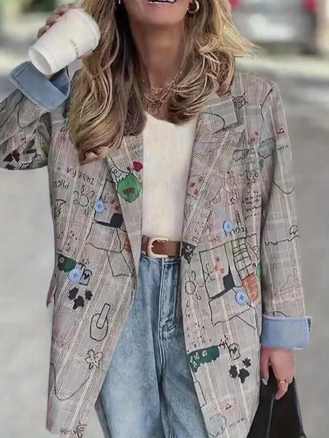 Blazer elegante de manga comprida para deslocações, moderno, com patchwork e estampado de graffiti nos punhos