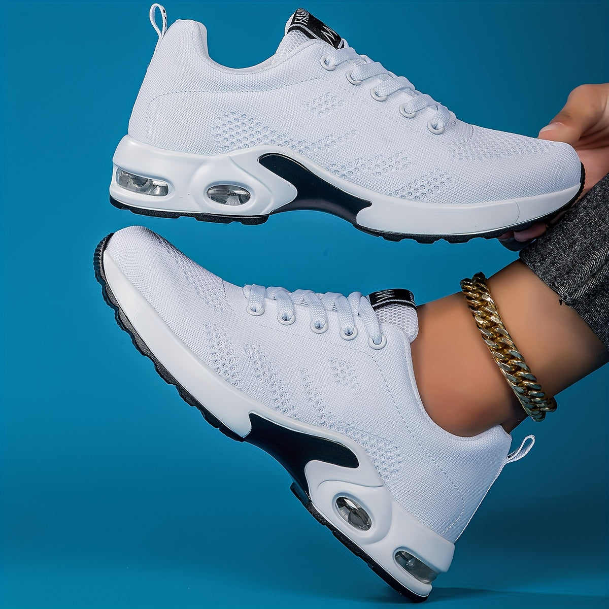 Ténis de senhora com amortecimento de ar, ténis de corrida com absorção de choque em tecido, calçado desportivo para ar livre confortável com atacadores