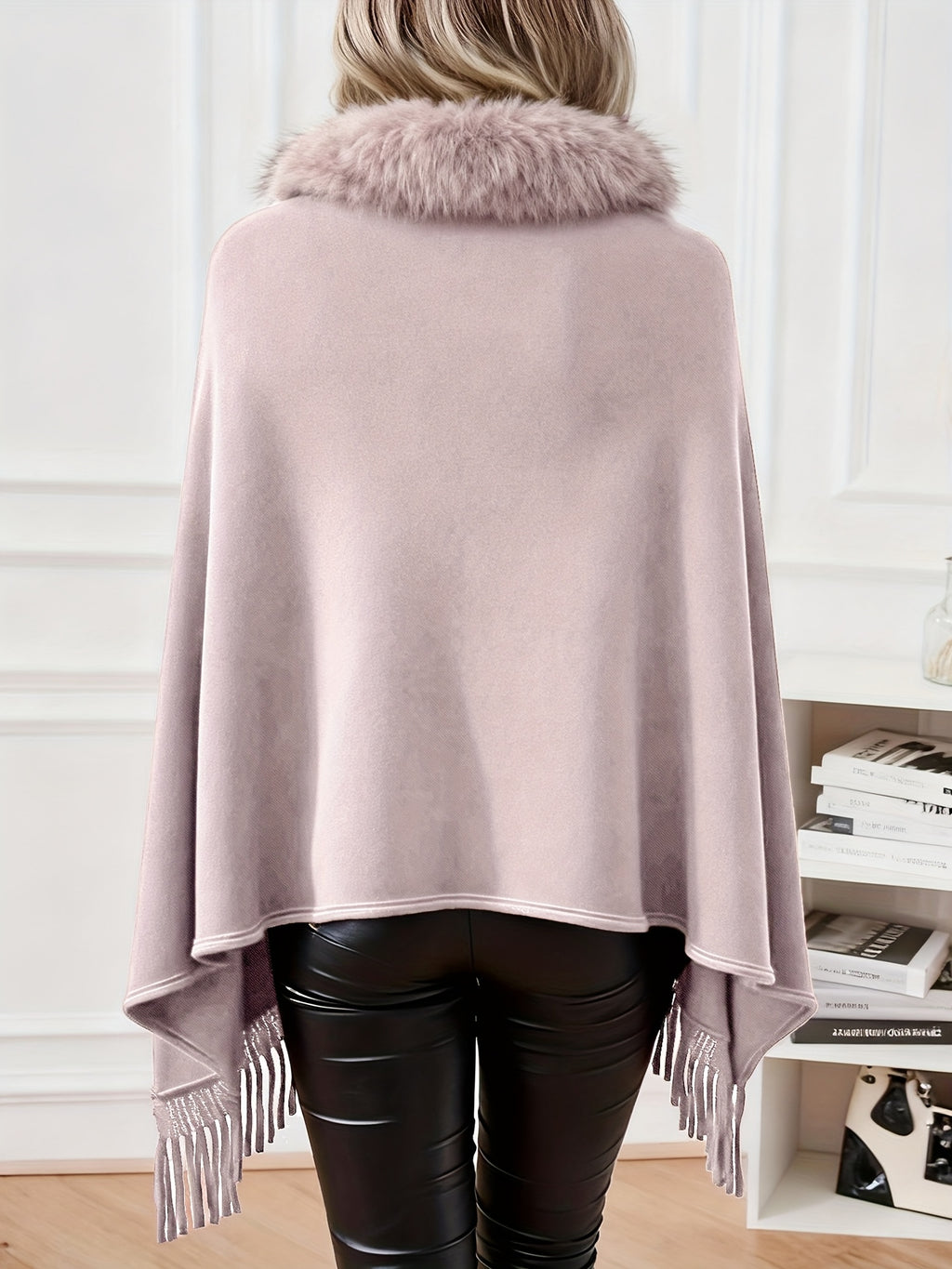 1pc Casaco Cardigan Poncho de Mulher com Gola de Pelo Sintético e Mangas Morcego | Cor Sólida com Borlas, Acabamento de Pelo Fofinho, Estilo Europeu Elegante, Casaco de Camisola Quente para Outono/Inverno, 70% Acrílico 30%, Lavar à Mão, Ideal para Deslocações e Uso Doméstico