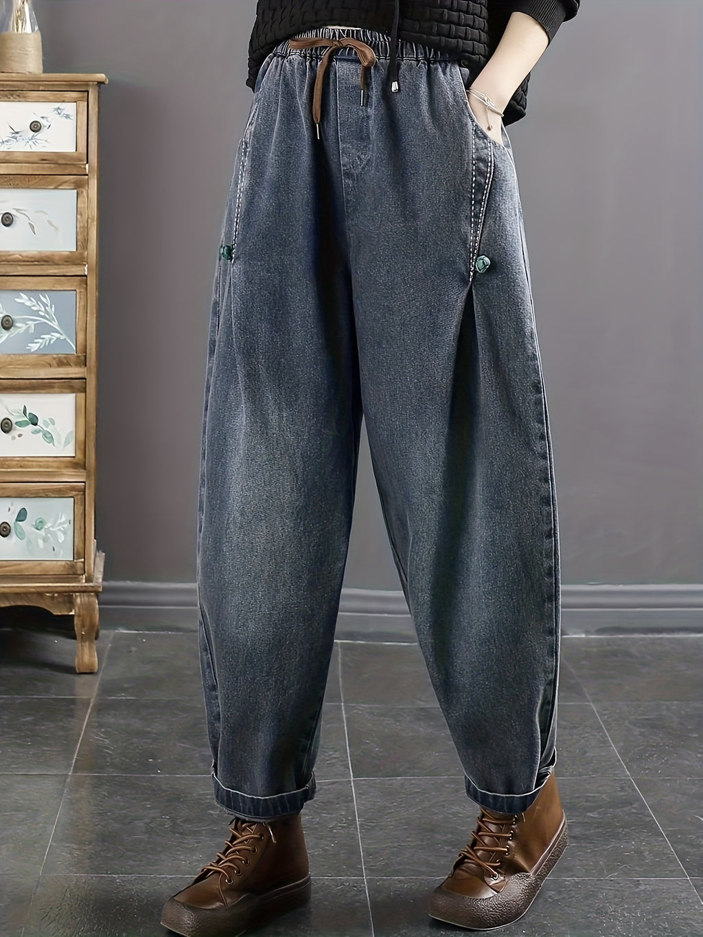 Calças Harlan Femininas Tamanho Grande - Cintura Elástica, Jeans Oversized Lavados, Ideais para Inverno, Uso Casual e Camadas, Calças Confortáveis de Bonusemption