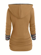 Sweatshirt com capuz de moda feminina, manga comprida, estampado de riscas, malha de patchwork com botões falsos, poliéster 95% spandex 5%, temporada outono/inverno, peso da peça 180g/m²