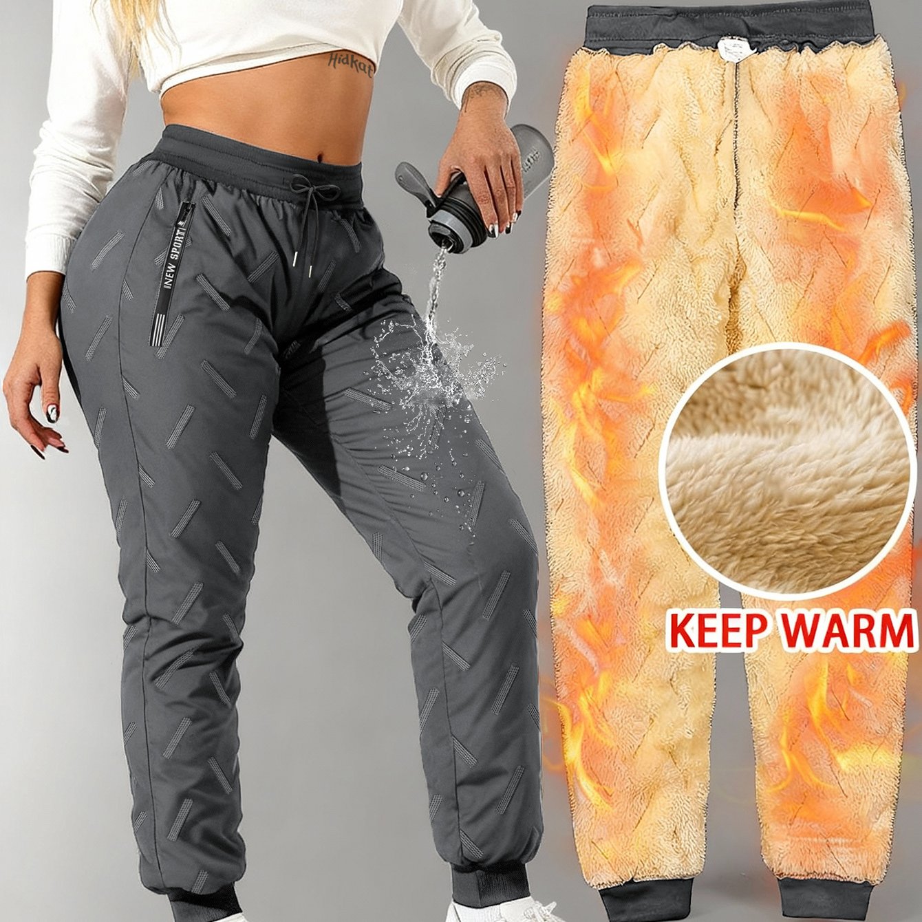 Women's Winter Fleece-Lined Wide-Leg Pants with Zipper Pockets