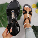 Sandálias rasas decoradas com strass para mulheres, sapatos de verão de bico aberto na moda, sandálias leves com tira no tornozelo
