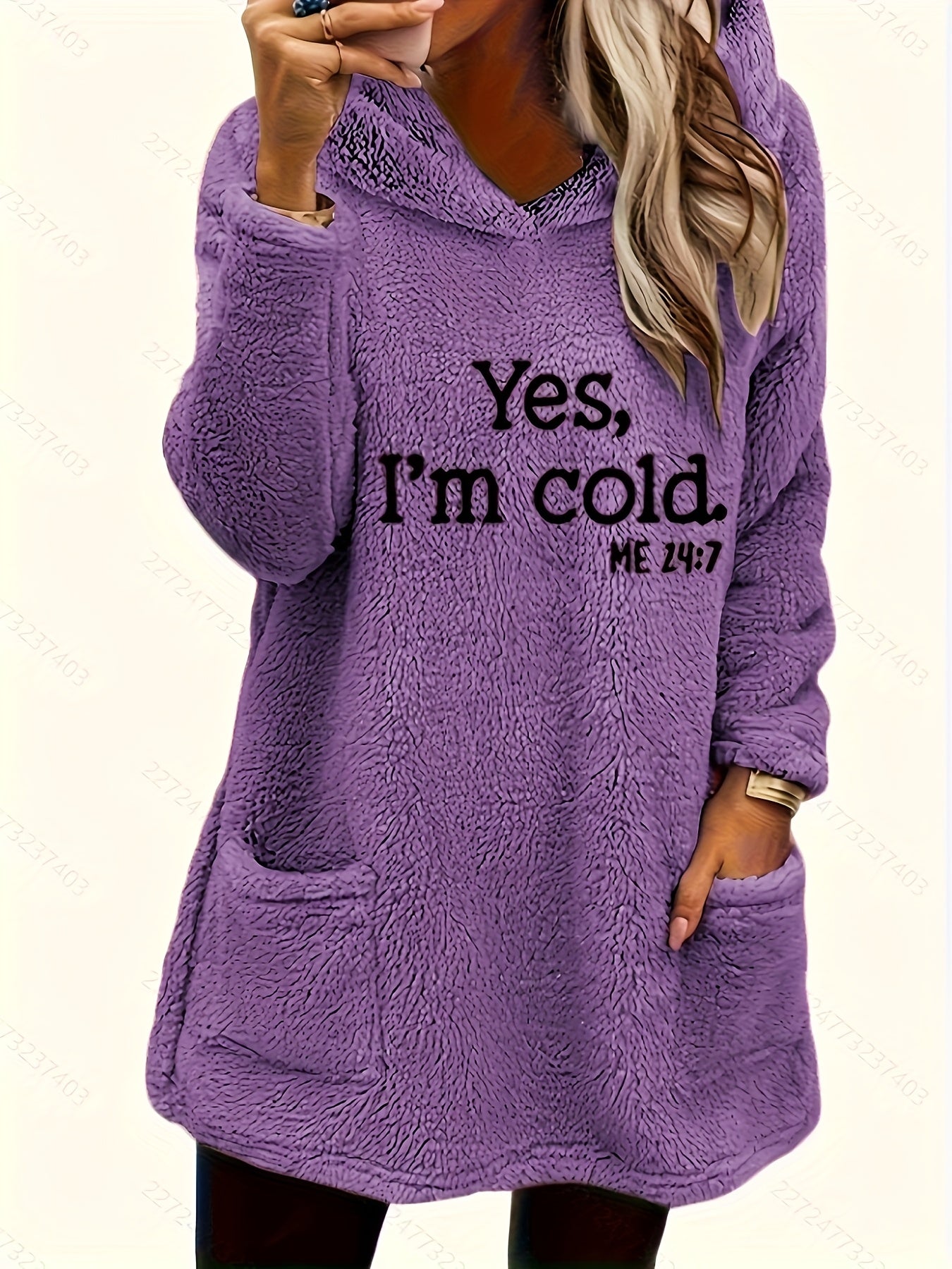 Moletom com Capuz de Urso Teddy "Sim, Estou Frio" para Mulheres - 100% Poliéster Ajuste Relaxado Manga Longa com Bolsos Duplos, Top Casual Forrado em Fleece Aconchegante para Outono & Inverno