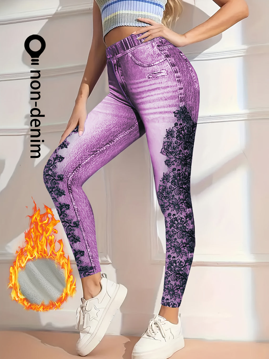 【imitação denim】Estas são leggings com forro polar, estilo denim falso, para o outono e inverno, concebidas para um visual moderno e casual. São modernas para mulheres, adequadas para deslocações diárias e looks versáteis. As leggings apresentam um design estampado.