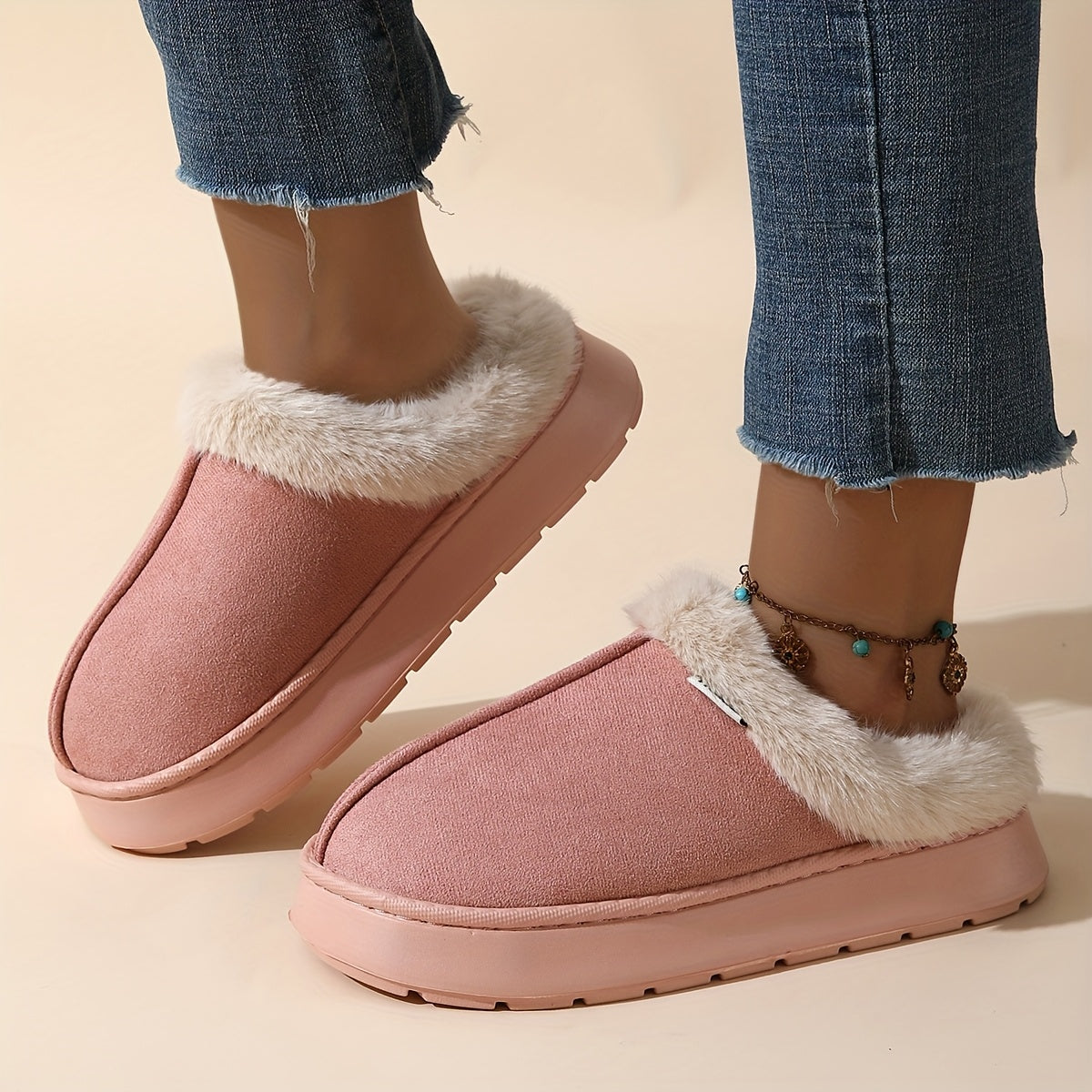 Chinelos Elegantes de Pelúcia para Mulher - Solas Macias e Quentes em EVA Acolchoada e Espessa com Forro de Pelúcia, Antiderrapantes e Confortáveis para Praia no Verão, Sapatos de Casa para Interior/Exterior em Todas as Estações em Cores Pastel e Neutras (Rosa, ) - Material EVA Durável e Fácil de Limpar