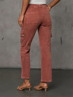 Jeans de Cintura Subida Elásticos para Mulher | Perna Reta, Modernos e Versáteis, Fecho de Botão, Detalhes de Bolsos, Adequados para o Fim de Semana Casual