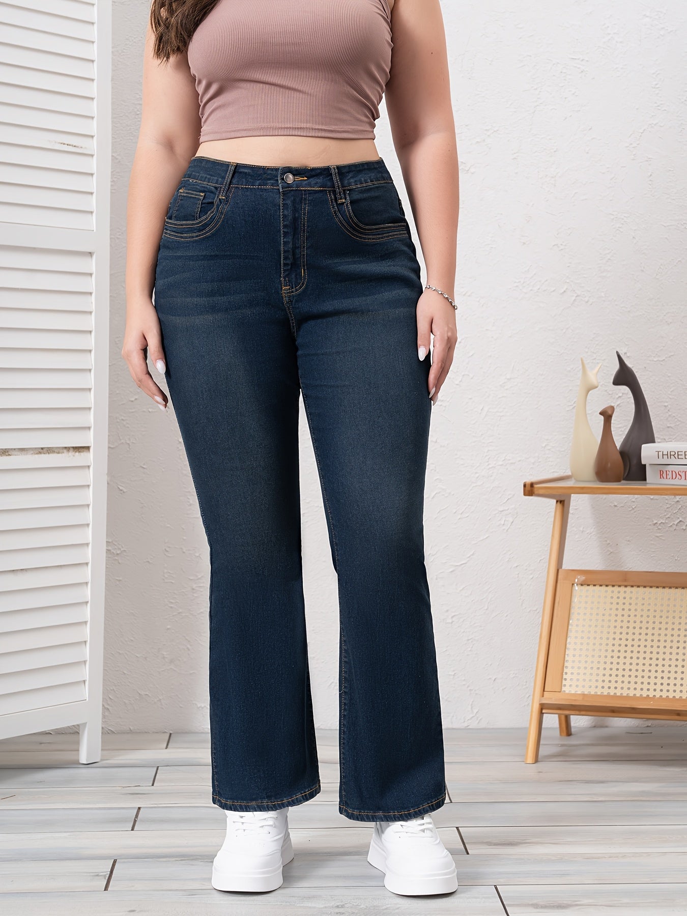 25AW Calças Flare Elegantes de Cintura Alta e Ajuste Slim, Elásticas, Denim Lavado Azul, Para Todas as Estações, Moda Versátil | Calças Flare | Ajuste Slim Confortável, Zíper, Calças Longas Casuais para Primavera/Outono, Roupas de Primavera/Outono | Denim Lavado Vintage | Jeans Plus Size