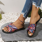Sandálias de Verão Casuais para Mulheres - Elegantes Chinelos Planos de Dedo Aberto com Padrão Geométrico Vibrante, Cano Marrom e Sola de Borracha Preta, Perfeitas para a Praia ou Vestuário Casual, Calçado de Praia | Sandálias com Padrão Geométrico | Sandálias com Cano de Lona