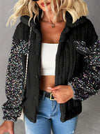 CHICME Casaco de Pelúcia Feminino em Imitação de Pele com Detalhes de Lantejoulas - Elegante Casaco de Manga Comprida com Gola de Lapela e Várias Cores, Roupa de Exterior de Inverno Lavável à Máquina para Outono/Inverno