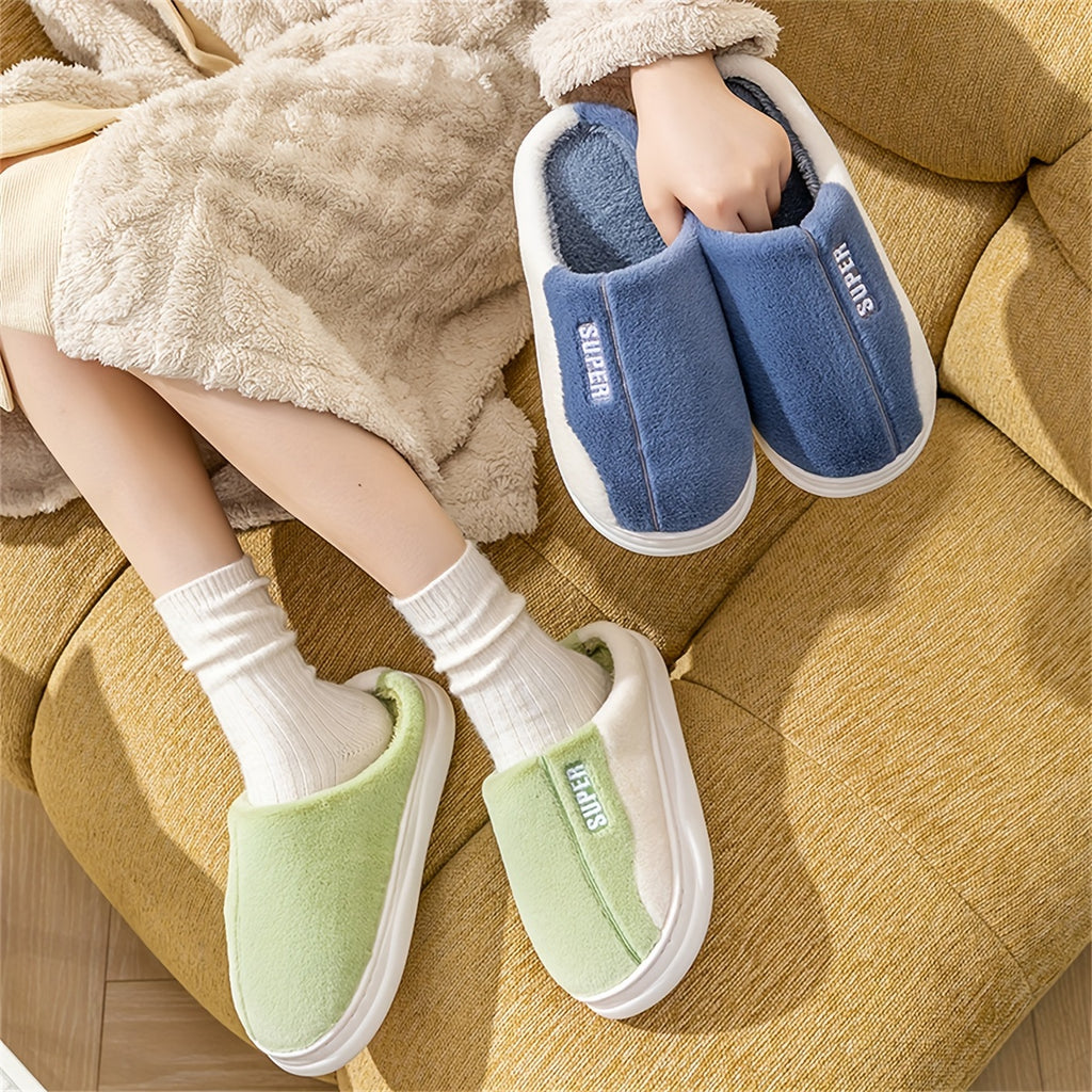 Chinelos de Inverno Bordados e Aconchegantes para Mulheres - Sola Macia, Sapatos de Conforto Fofo para Uso Interno, Design Bicolor com Patch "Super", Ideais para Uso em Casa, Chinelos de Quarto