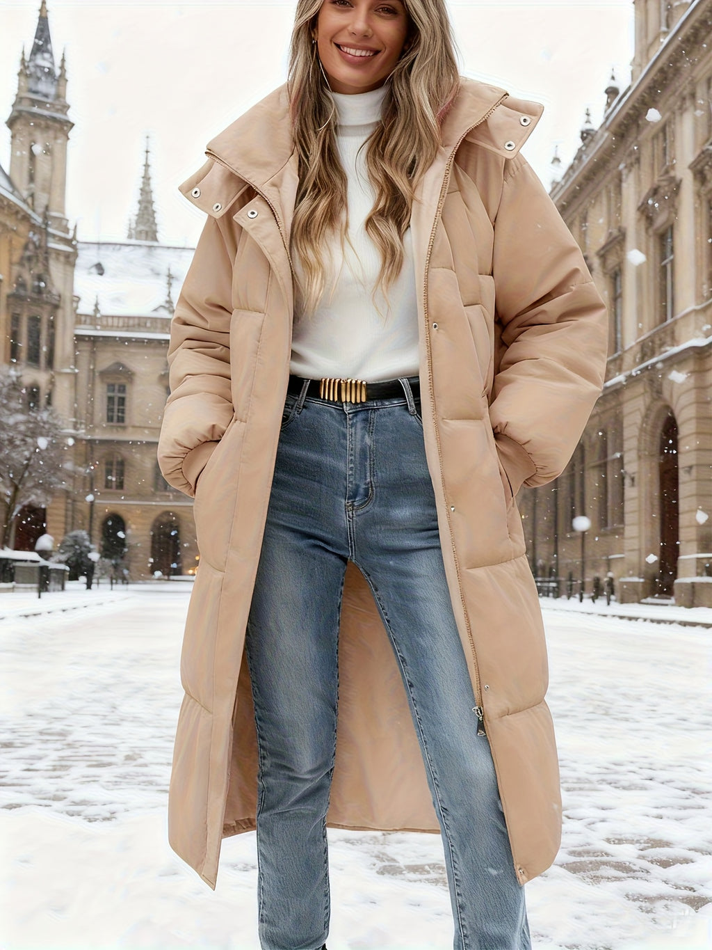 Jaqueta Puffer Feminina com Capuz para o Inverno - Casaco Impermeável com Bolsos, Acolchoado e Quente para Esqui, Snowboard e Passeios ao Ar Livre, Parka de Manga Longa até o Meio da Panturrilha (Lavagem Manual)