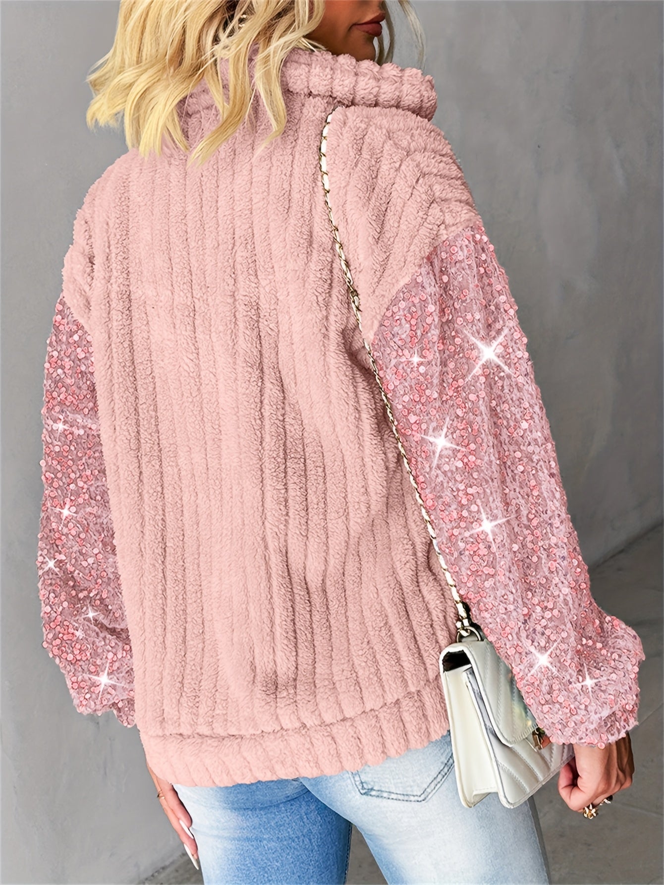 CHICME Casaco de Pelúcia Feminino em Imitação de Pele com Detalhes de Lantejoulas - Elegante Casaco de Manga Comprida com Gola de Lapela e Várias Cores, Roupa de Exterior de Inverno Lavável à Máquina para Outono/Inverno