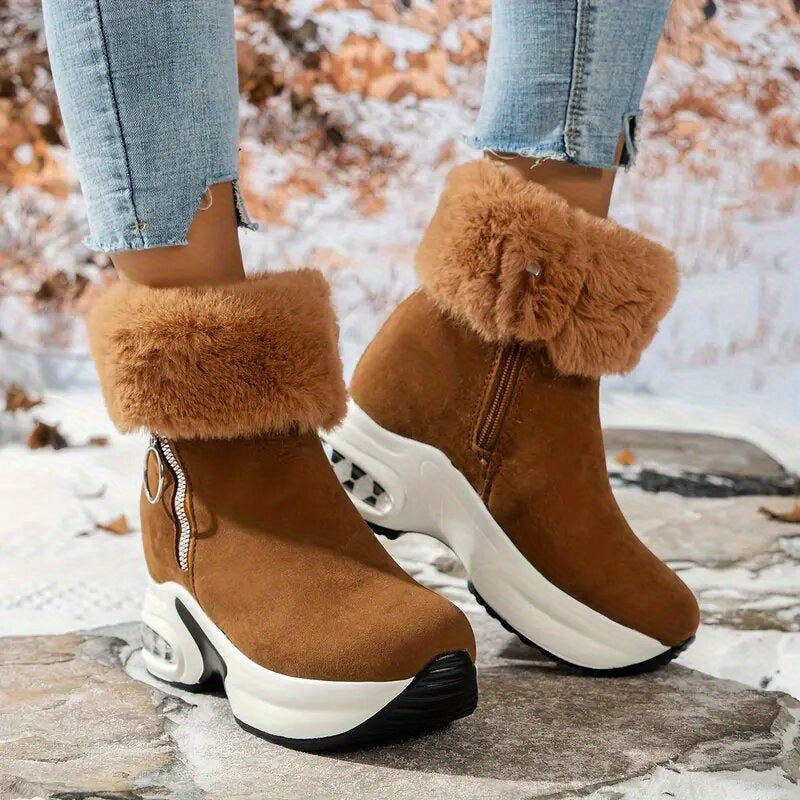 Botas de Plataforma MZMQS para Mulheres com Fecho de Zíper - Sola Grossa Antiderrapante em PU, Sapatos Quentes para o Inverno - Botas Pretas para Looks Casuais e Formais, Aumento Confortável de Altura, Design com Babado Peludo, Calçados Duráveis e Forrados a Lã, Moda Feminina