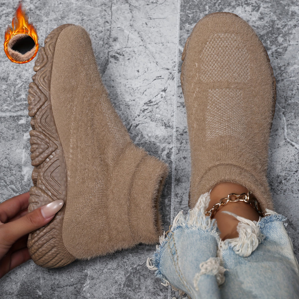 Botas de tornozelo sem cadarço e forradas com fleece para mulheres - Bege, biqueira redonda, sola MD, calçado casual de inverno com detalhe de franja, botas de inverno, botas de inverno antiderrapantes para mulheres, sapato confortável para mulheres, calçado de inverno para mulheres