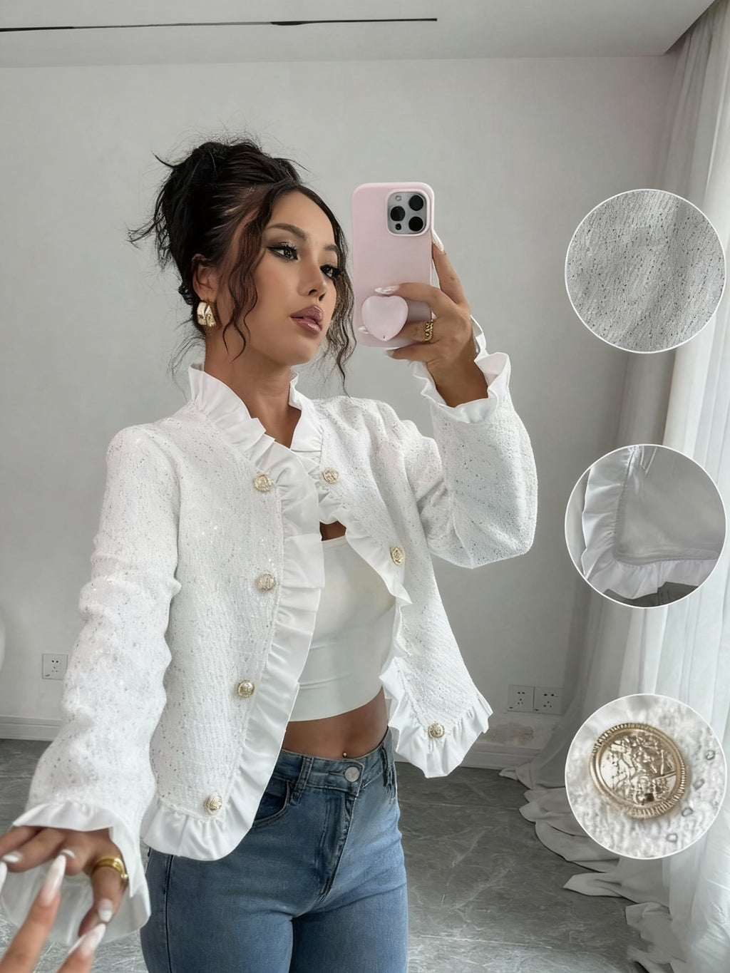 Jaqueta Blazer Elegante Feminina Branca com Gola e Mangas com Babado - Casaco Estruturado para Todas as Estações, Botões Dourados na Frente, Lavável na Máquina - Uso Casual a Formal (Escritório, Casamento, Festa) - Sobretudo Sob Medida